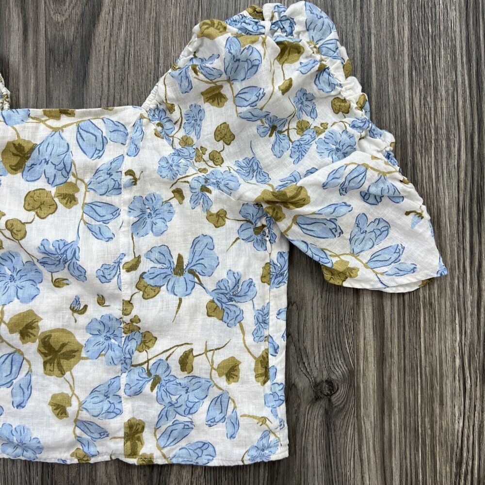 Joie Linen Linen Puff Sleeve Shirred Blue White Floral Blouse Size XL - Picture 4 of 6